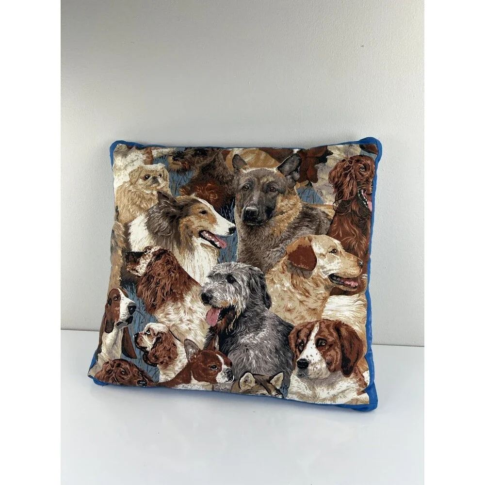 Vintage Fabric Dog All Over Print Decorative Throw Pillow Hand Stitch Detailing
